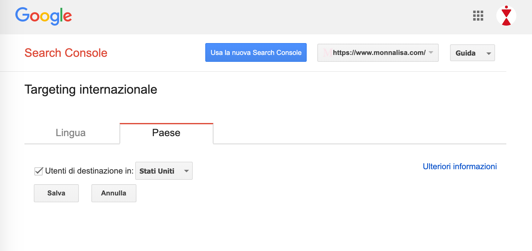 impostazione targeting internazionale search console