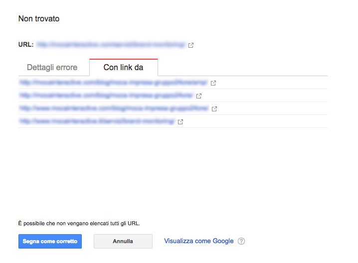 scheda con link da search console
