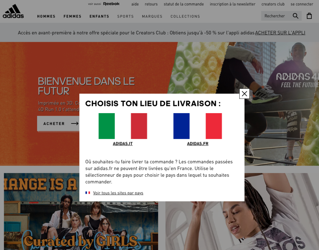 Homepage Adidas.fr con banner del mercato