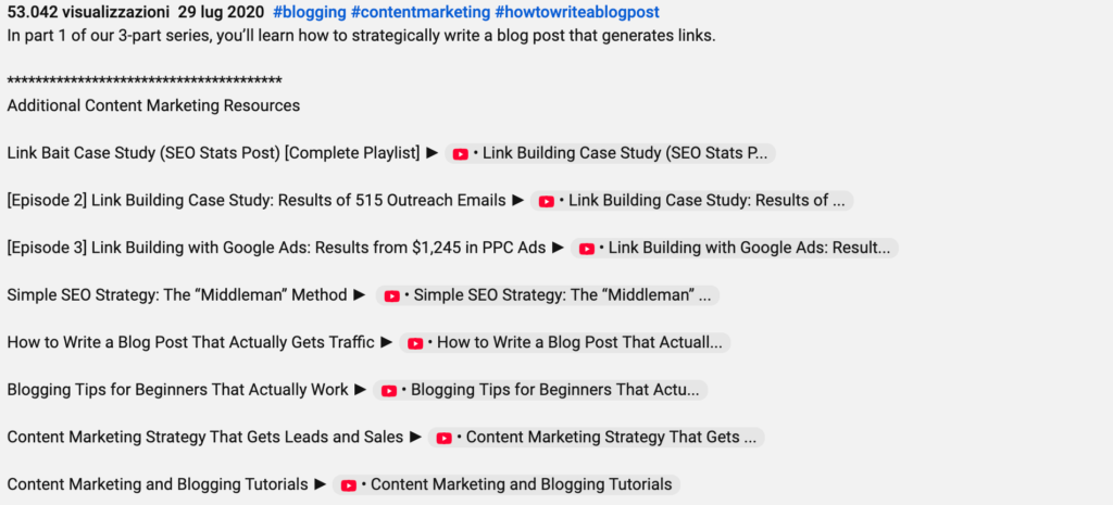 Esempio di descrizione video YouTube con link e tag