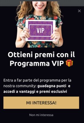 Pop up personalizzati Famiglia Castagnedi per sottoscrizione al programma VIP.
